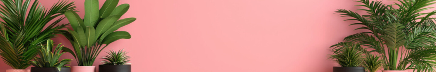 Fototapeta premium Green potted plants against pink wall create vibrant and fresh atmosphere