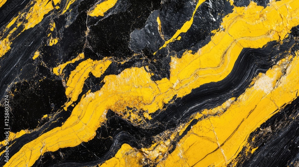 Poster close-up of a rugged rock with unique yellow and black streaks, showcasing the geological beauty and