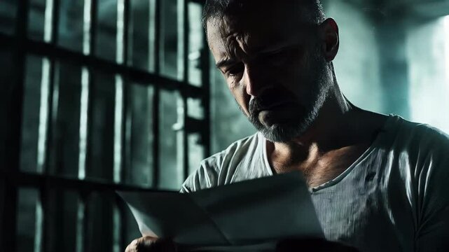 Imprisoned male sitting alone in dimly lit cell, reading emotional letter from distant family, experiencing deep despair and profound loneliness