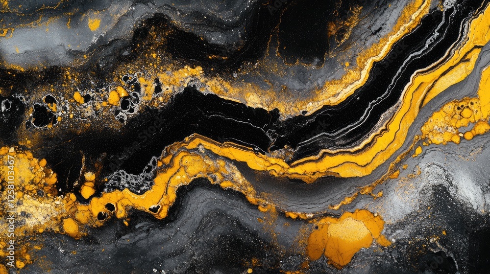Poster close-up of a rugged rock with unique yellow and black streaks, showcasing the geological beauty and