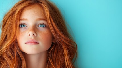Naklejka premium A captivating close-up portrait of a young girl with mesmerizing blue eyes and flowing red hair against a turquoise background, embodying purity and innocence.