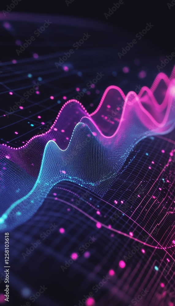 Poster abstract financial data visualization with vibrant blue and pink line graphs on a dark background