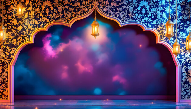 A beautifully designed Ramadan Kareem invitation card with a dark green background, glowing golden lanterns, and symmetrical floral motifs. The central blank space allows for inserting quotes, prayers