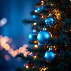 Christmas tree with ornaments in blue and bokeh lights defucused holiday christmas background Bokeh light lights background bokeh abstract light bright effect shiny