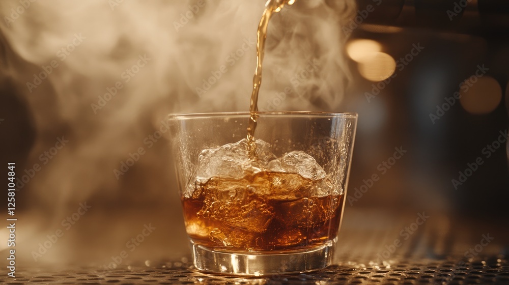 Poster Close up of smooth espresso flowing into a glass with steam rising, set against a rustic backdrop, creating an inviting and indulgent scene.