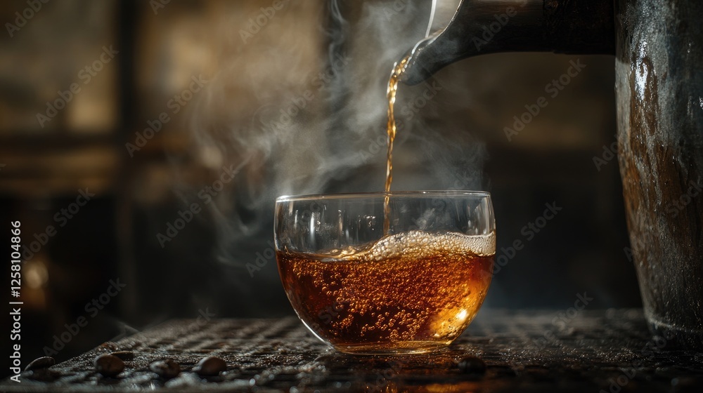Aufkleber Close up of smooth espresso flowing into a glass with steam rising, set against a rustic backdrop, creating an inviting and indulgent scene.