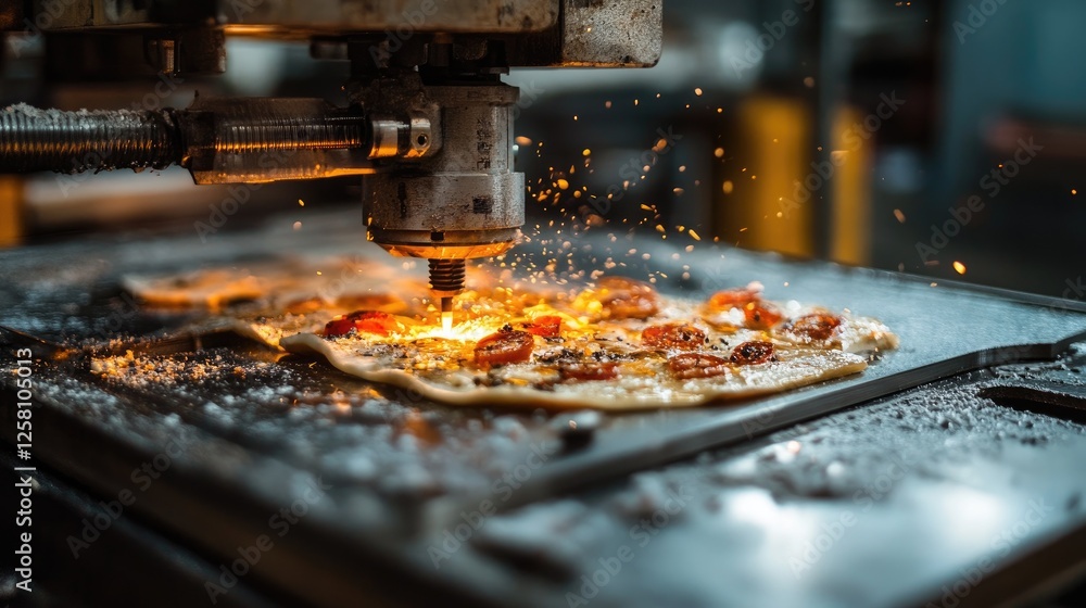 Poster close-up of the machining process in an industrial workshop, showcasing polished stainless steel bei