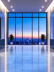 Obraz premium Modern Office Lobby Night City View - Elegant modern office lobby with stunning night city view, symbolizing success, innovation, ambition, growth, and prosperity