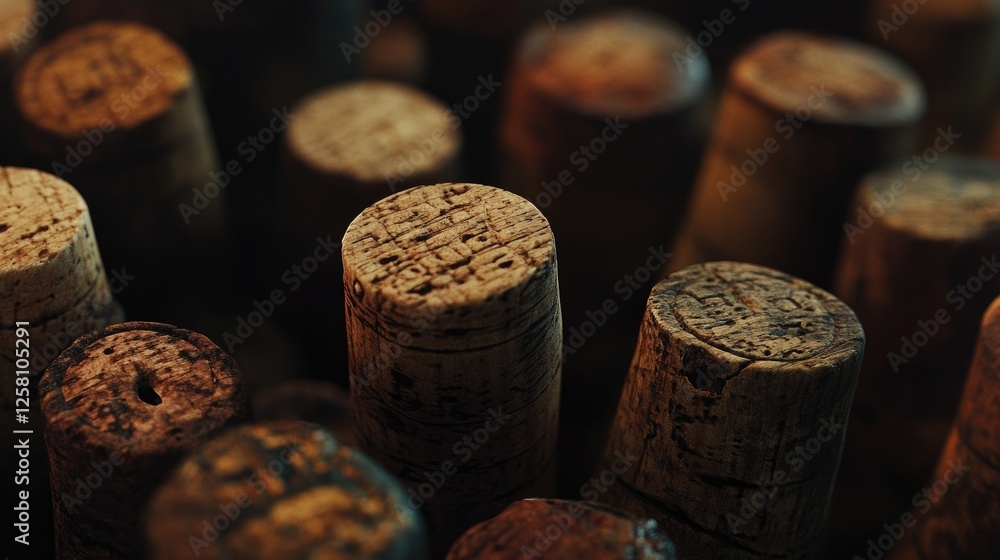 Poster Close-up of wine corks with visible textures, each representing the story of a unique vintage, capturing the essence of wine and craftsmanship.