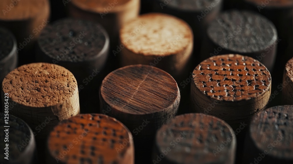 Poster Close-up of wine corks with visible textures, each representing the story of a unique vintage, capturing the essence of wine and craftsmanship.