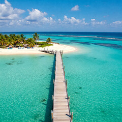 Stunning tropical beach with crystal-clear turquoise waters. A wooden pier extends from the sand into the sea, sense of relaxation and paradise, perfect for a getaway