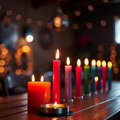 Colorful candles lit on a wooden table with blurred lights in the background Bokeh light lights background bokeh abstract light bright effect shiny