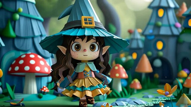 cute elf witch at enchanted forest, fairytale paper craft style cartoon animation, motion graphic theme 