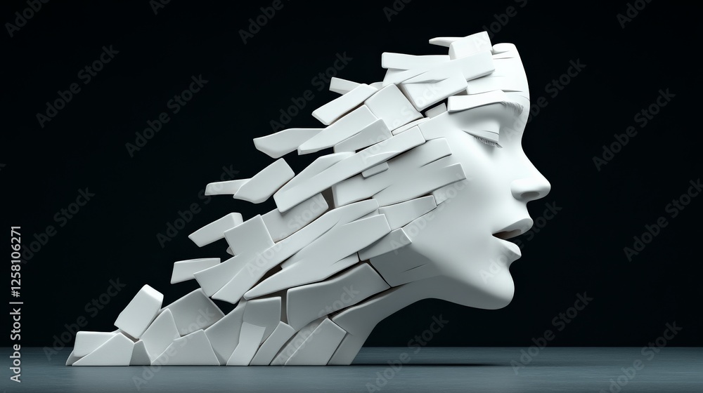 Poster abstract sculpture of face with broken elements in artistic display