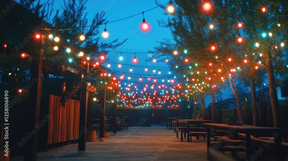 Poster colorful string lights illuminating an outdoor space, creating a warm and joyful atmosphere for a fe