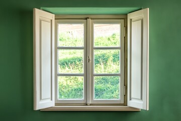 Fototapeta premium Open window with white shutters shows green grass outside