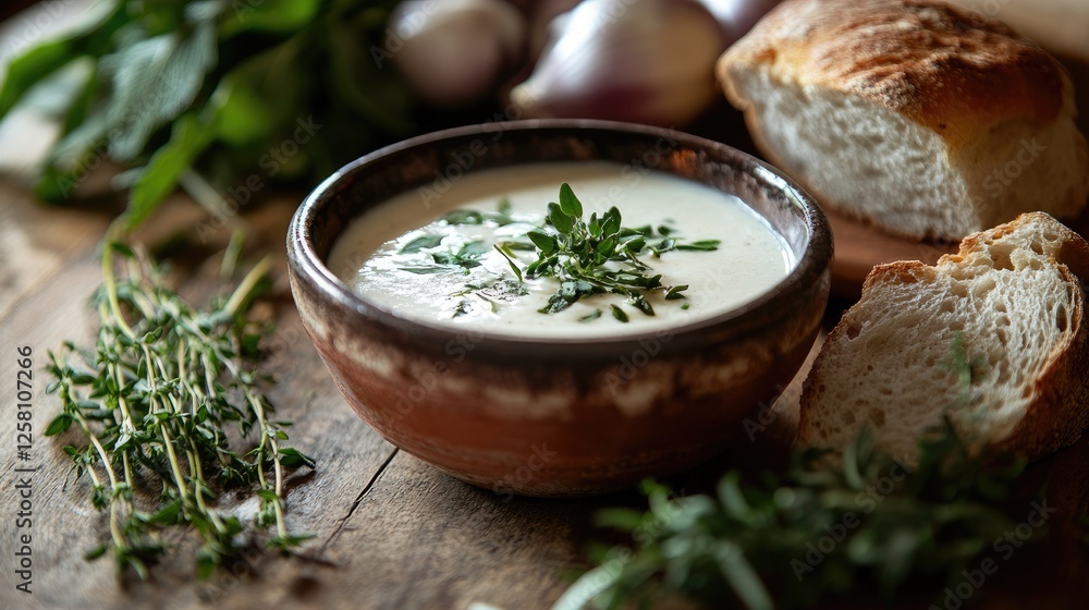 Poster comforting homemade soup in a rustic bowl on a wooden table, accompanied by fresh herbs and rustic b