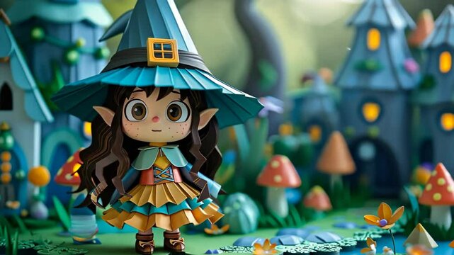 cute elf witch at enchanted forest, fairytale paper craft style cartoon animation, motion graphic theme 