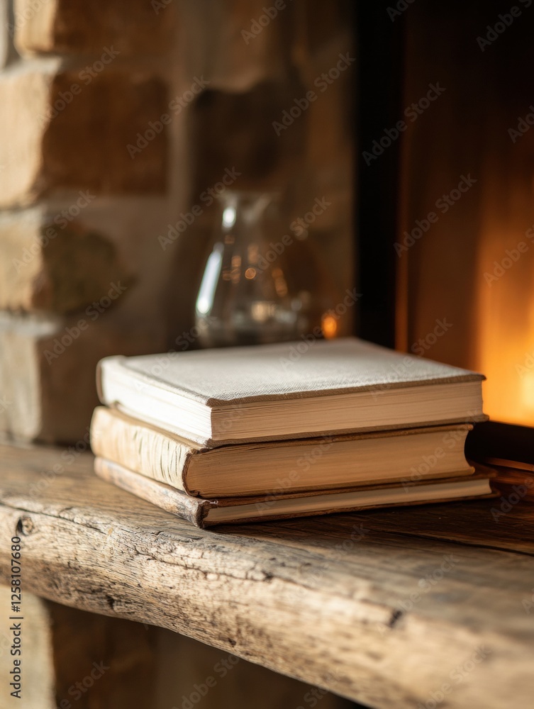 Aufkleber Rustic wooden shelf showcasing a stack of vintage books with ample space for adding personalized text or notes. Generative AI