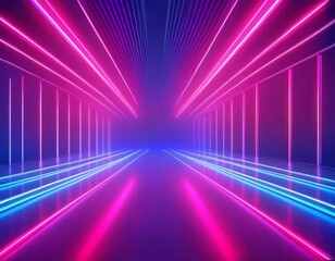 3d render, pink red blue neon light, abstract background with glowing lines, cyber space in virtual reality, night club room interior, fashion podium or stage, empty corridor in ultraviolet spectrum.