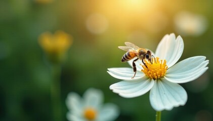 Obraz premium A bee flying towards a white flower, flowers, motion, insect