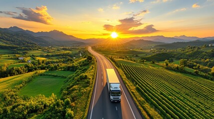 Cargo truck driving through european landscape at sunset wide-angle medium shot natural scenery scenic view