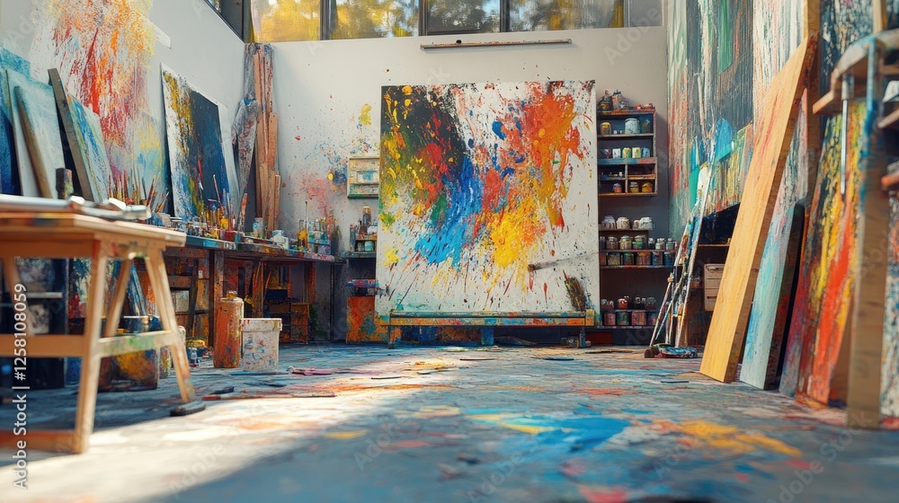 Poster creative expression in an artistic studio, with vibrant paint splashes and colorful textures coming 
