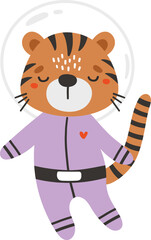 Cute tiger animal in space, animal dressed in cosmonaut suit, isolated vector