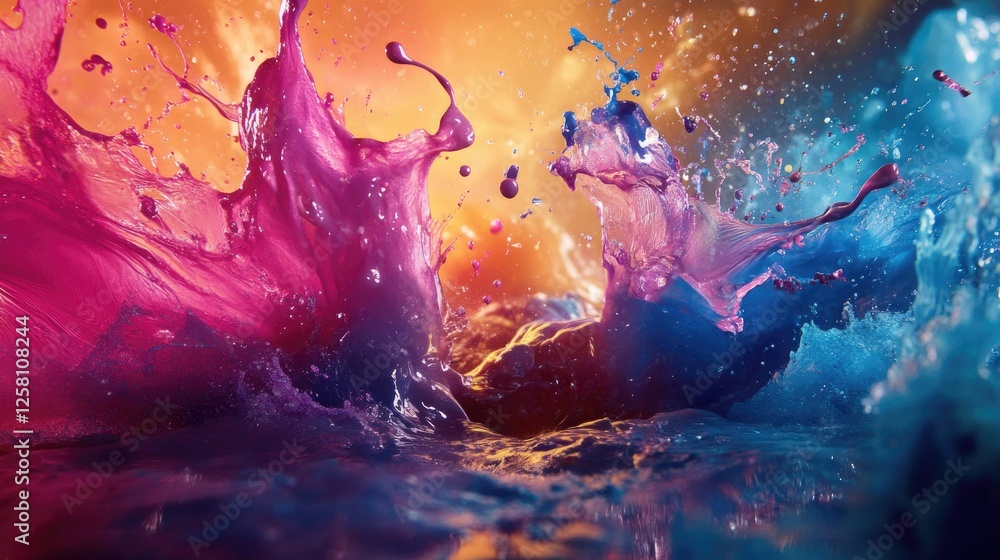 Poster creative expression in an artistic studio, with vibrant paint splashes and colorful textures coming 