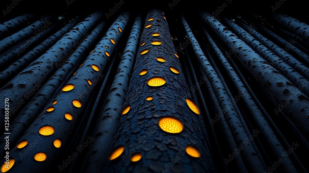 Poster abstract nighttime forest with illuminated textured tree trunks