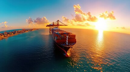 Naklejka premium Cargo ship operations port harbor wideangle shot ocean view industrial transport