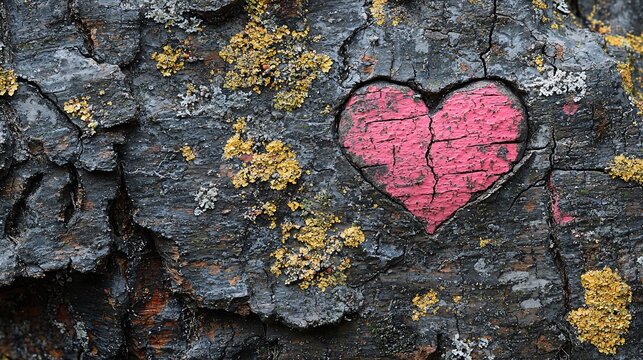 Cracked pink heart carved in tree bark, lichen background, nature, romance