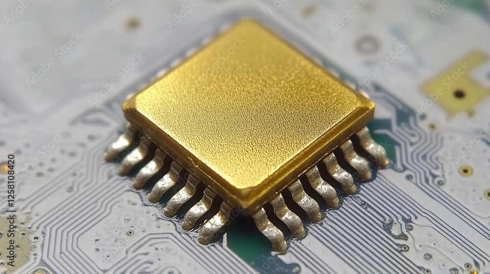Poster detailed close-up of a gold microchip on a circuit board, showcasing the precision of electronic con
