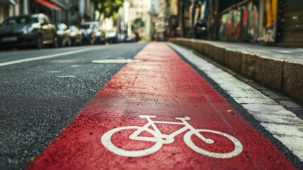 Urban bike path with red lane and bicycle symbol, promoting eco-friendly city transport.