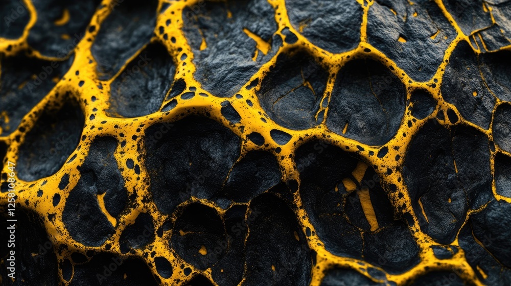 Poster detailed close-up of a rugged rock surface with striking yellow and black patterns, highlighting the