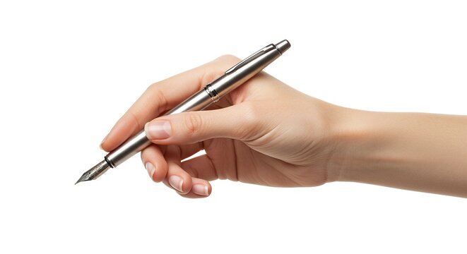 Hand Holding Fountain Pen Ready to Write on Isolated White Background