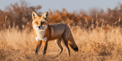 Obraz premium photograph of Red fox walks in the dry season meadow