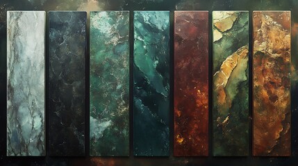 Seven richly textured panels display deep earthy tones subtly illuminated. AI Generated