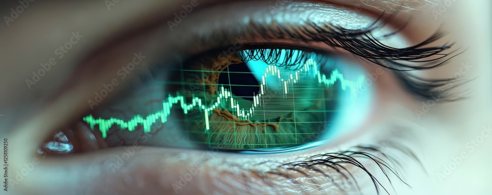Poster a close-up of an eye reflecting financial graphs, symbolizing vision in investment and the importanc