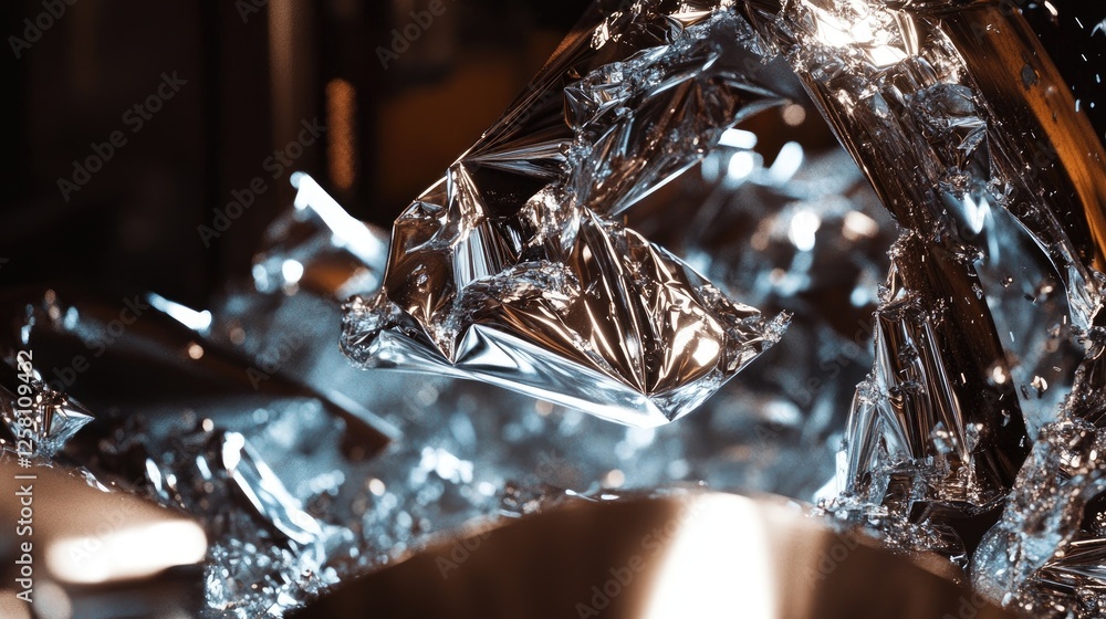Poster detailed view of polished stainless steel being worked on in a machining process, captured in an ind