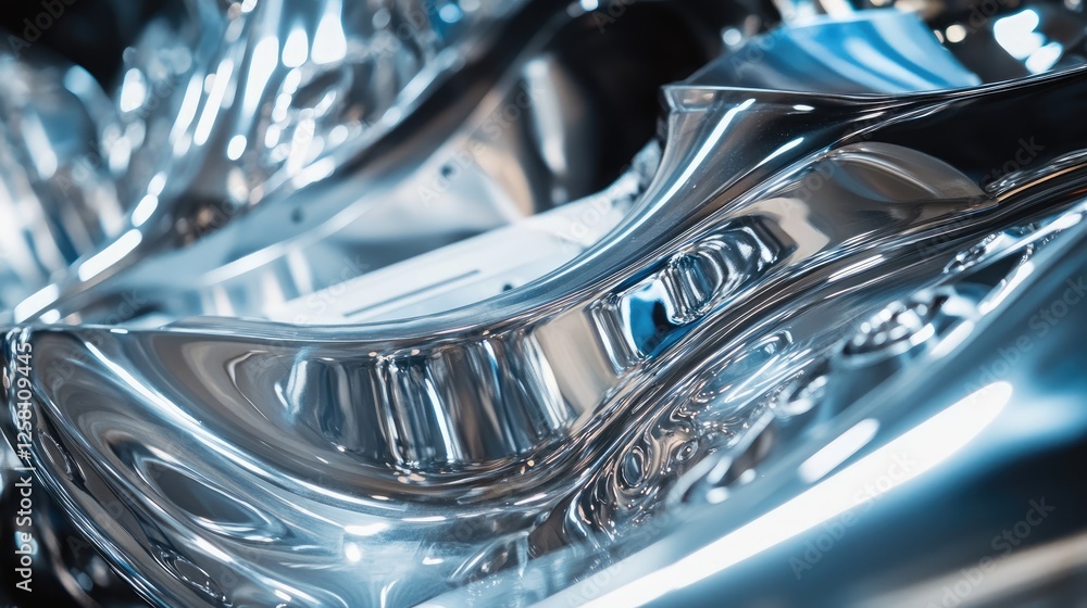 Poster detailed view of polished stainless steel being worked on in a machining process, captured in an ind