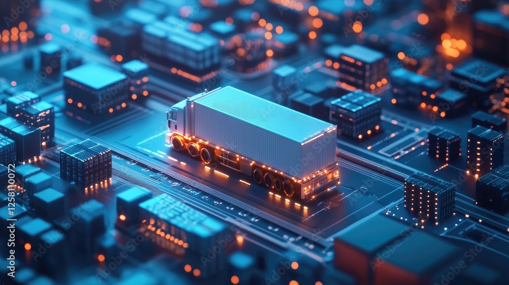 Poster Dynamic 3D visualization of a supply chain, highlighting the efficient integration of logistics, resources, and operations for a smooth and effective distribution process.