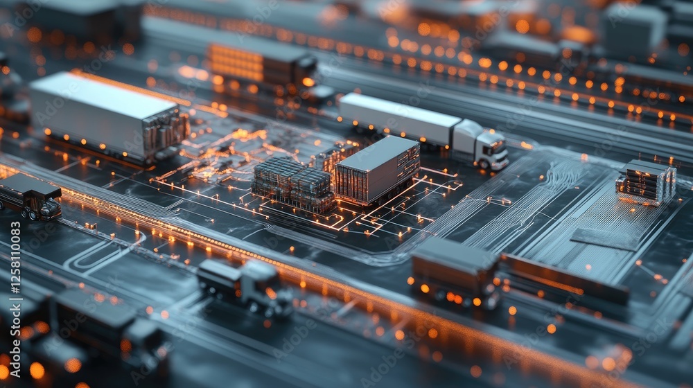 Aufkleber Dynamic 3D visualization of a supply chain, highlighting the efficient integration of logistics, resources, and operations for a smooth and effective distribution process.