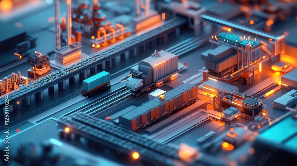 Aufkleber Dynamic 3D visualization of a supply chain process, showcasing interconnected logistics and resource management for improved efficiency in distribution and production.