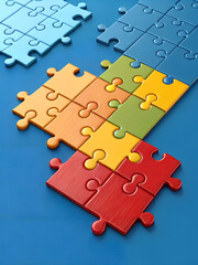 Fototapeta premium The image shows a blue background with a colorful jigsaw puzzle 