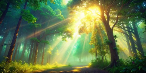 Ethereal Sunlight Filtering Through Lush Forest Canopy - Magical Nature Scene