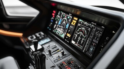 Modern airplane cockpit control panel with digital flight instruments and navigation displays.