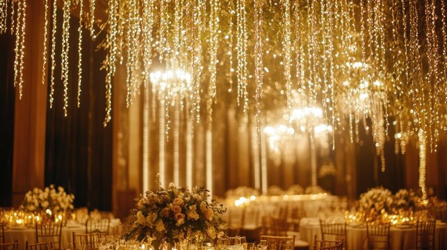 Enchanting vertical arrangements of golden fairy lights, shimmering softly to create a magical ambiance perfect for celebrations and intimate gatherings.