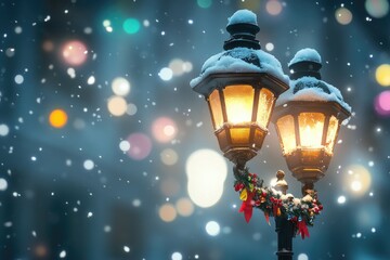 The street is adorned with lights and festive decorations, creating a cozy holiday atmosphere. The lamp post is covered in snow, indicating the arrival of winter.
