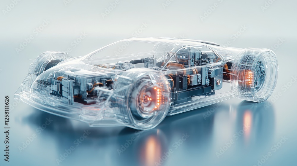 Poster futuristic 3d model of a transparent car body, displaying its mechanical and electronic systems in a